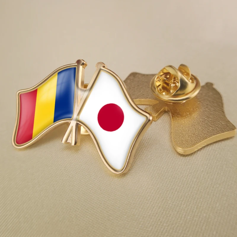 

Romania and Japan Crossed Double Friendship Flags Lapel Pins Brooch Badges