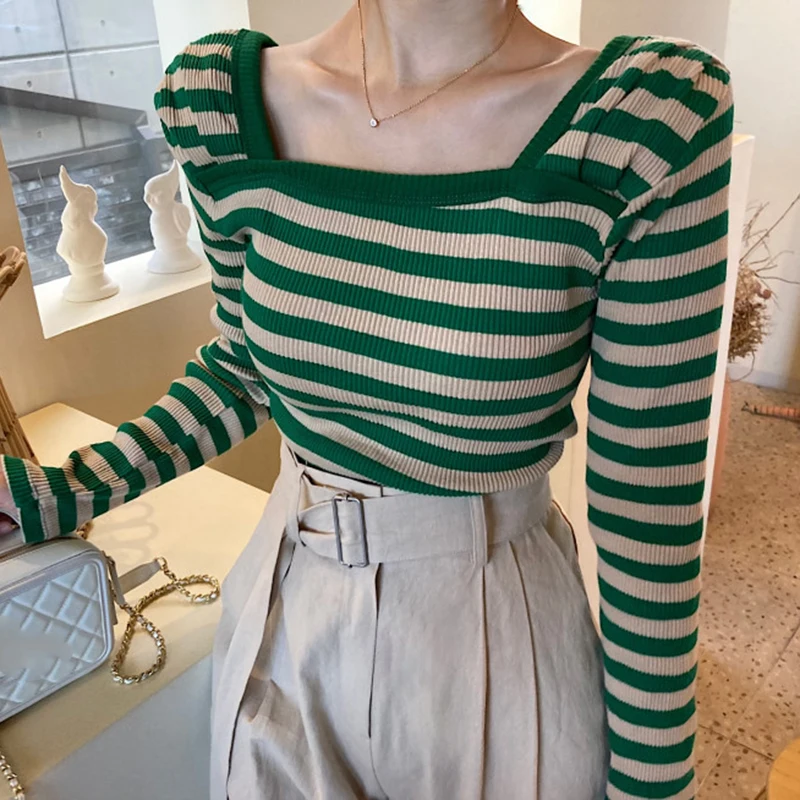 

Woman T-shirt 2021 New Korean Fashion Elegant Wild Square Collar Hit Color Stripe Print Design Slim Long-sleeved Tee Tops