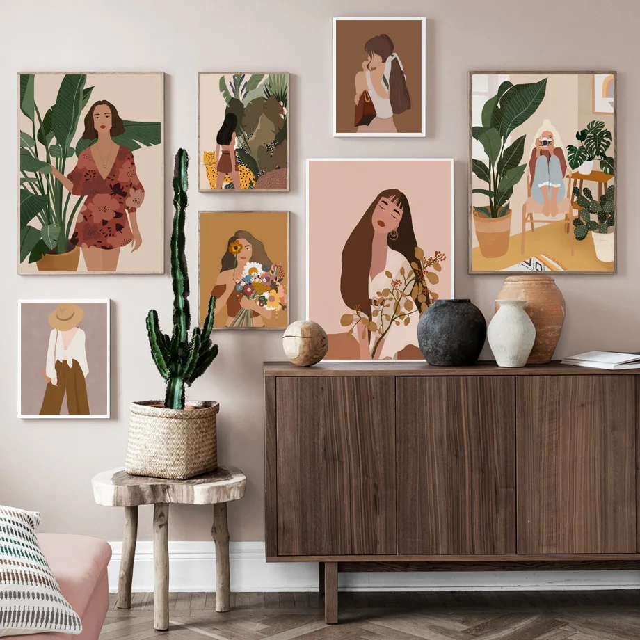

Wall Art Canvas Painting Boho Lady Leopard Cactus Plants Flowers Nordic Posters And Prints Wall Pictures For Living Room Decor