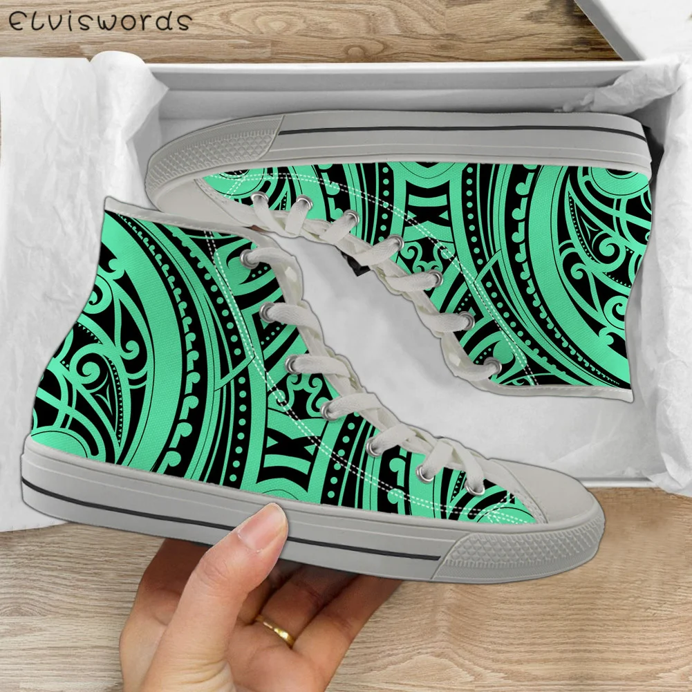 

ELVISWORDS Polynesian Maori Tribal Tattoo Pattern Woman High Top Canvas Shoes Ladies Casual Shoes Girls Classic Breathable Shoes