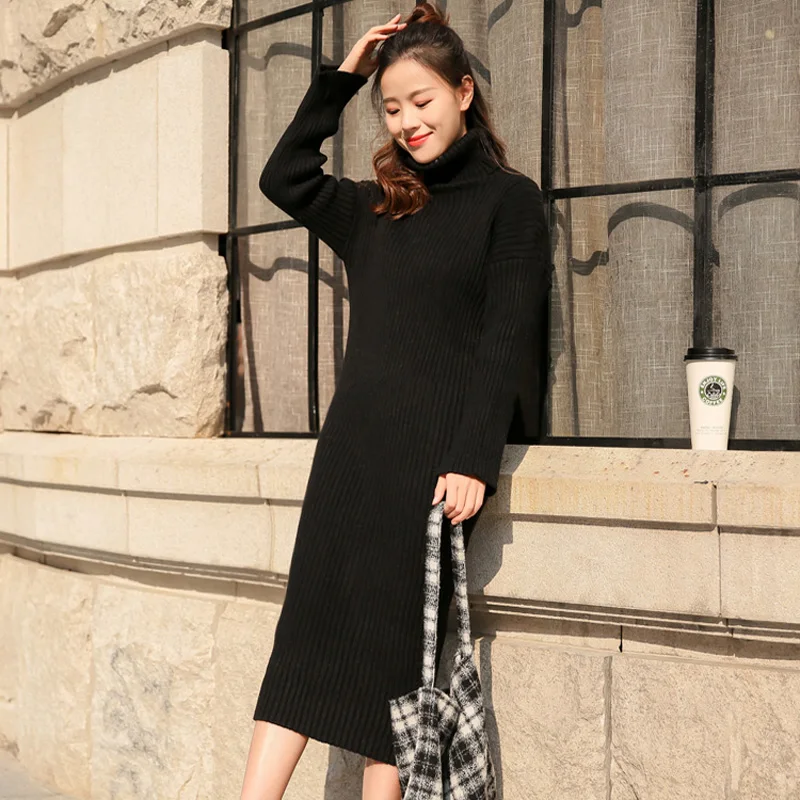 Теплый осенне-зимний женский длинный свитер с высоким воротником Женская