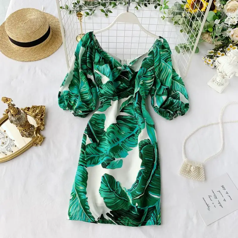2019 Новое модное женское зеленое платье летние листья тропических растений с