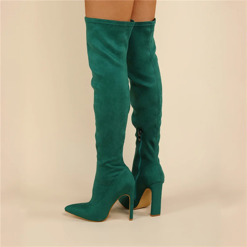 

2023 Women Over The Knee High Green Boots Lady 11cm High Heels Sexy Long Thigh Winter Flock Booties Fetish Block Heels Red Shoes
