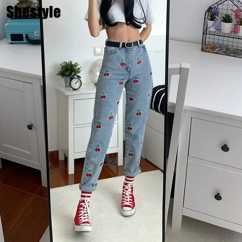 

Shestyle Cherry Embroidery Pencil Jeans Women Streetwear Mid Waist Pockets Fashion Light Wash Zipper Fly Denim Pants Casual