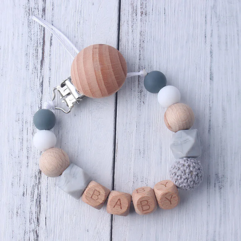 

Handmade Personalized Name Baby Pacifier Clips Wooden Dummy Pacifier Holder Chain Safe Silicone Teething Chain For New Born