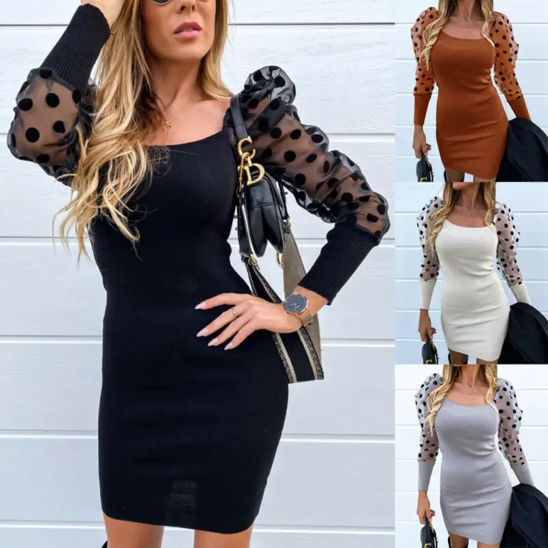 Модное женское однотонное сексуальное Сетчатое Прозрачное платье в горошек с