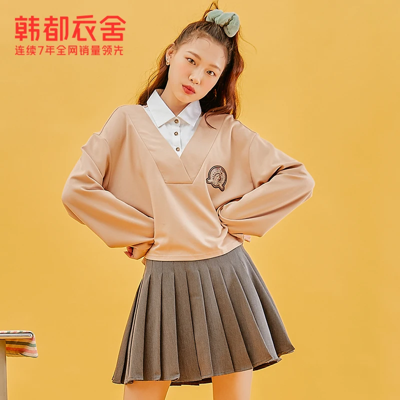 

Свитеры Handu с имитацией двух частей, одежда для весны 2021, новинка, свободный утягивающий топ в стиле пэчворк, значок в студенческом стиле