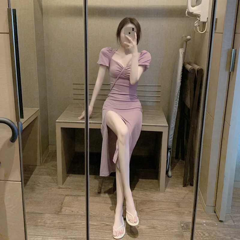 

Cost-Effective Retro Off-Shoulder Slit Sexy Women Summer Long Bodycon Casual Dress Elegant Clothes Ladies Dresses Korean Fashion