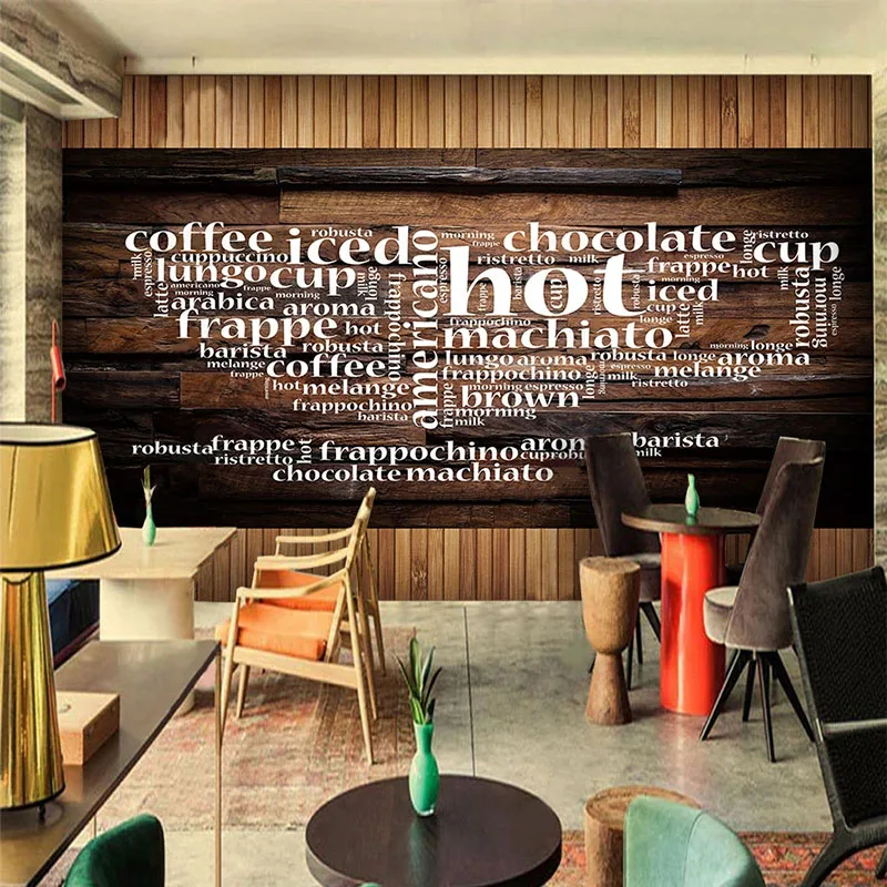 "Custom Mural Wallpaper 3D Stereo Letter Wood Grain Restaurant Coffee