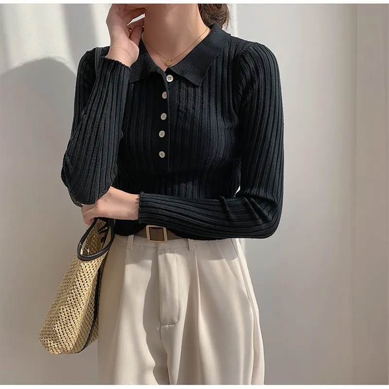 

2021 Autumn New Women Knitted Sweaters Female pullover Tops Concise Turndown Collar Thinny Elegant Office Lady Casual All Match