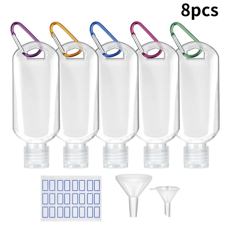 

50ml Plastic Empty Bottle with Funnel Carabiner Buckle Label Sanitizer Container 667D