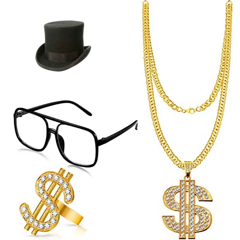 

Halloween Cosplay Costumes Hip Hop Costume Magic Hat glasses Gold Chain Ring 80s/90s Rapper Accessories Dollar Sign Set