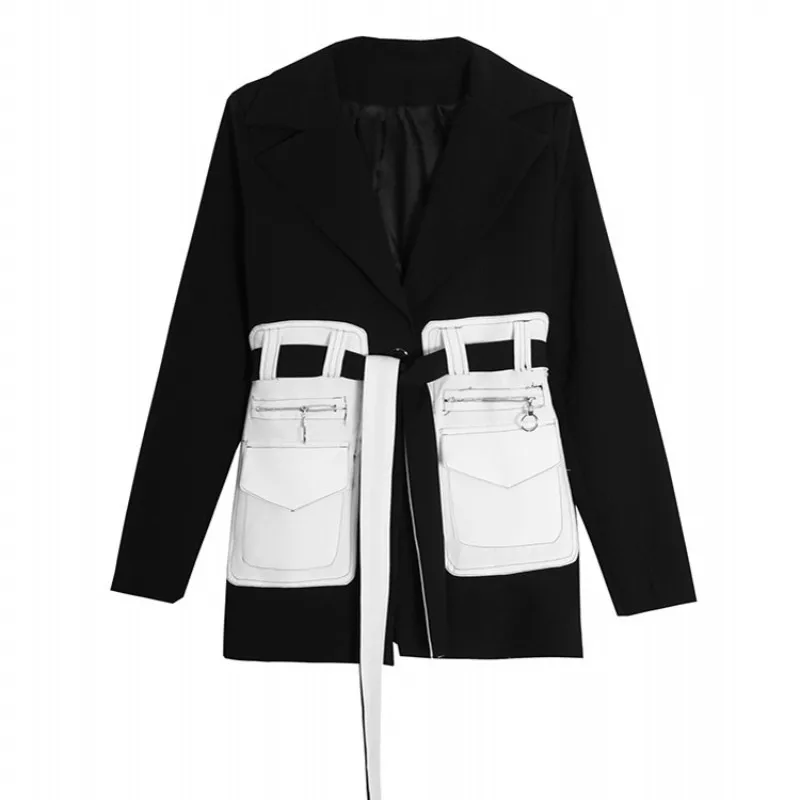 

OL Style Women Suit Jacket Splice Loose Casual Long Sleeve Outerwear Designer Elegant Turn-Down Collar Sashes Biker Jackets