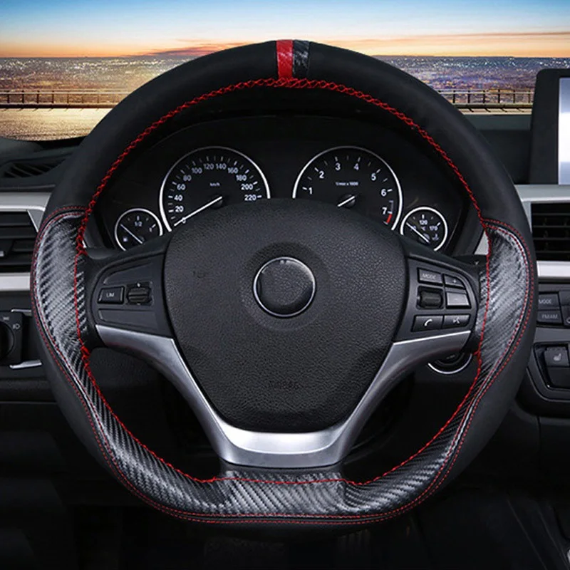 

Car Product Interior Part 38cm Automobile Hand Stitched Car Steering Wheel Cover Fiber Leather Cover for Four Seasons Dropship