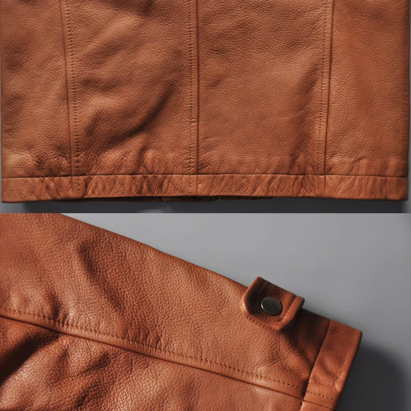 

New Cowhide Jacket Men Lapel Slim Fit Motorcycle Leather Jacke Male Simple Autumn Winter Coat