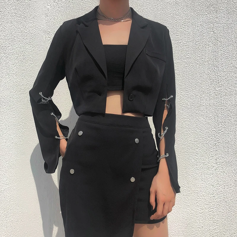 Harajuku Punk Black Cropped Blazer Women Split Long Sleeve Short Jackets Ladies Casual Streetwear Slim Blazer Gothic Coat Autumn