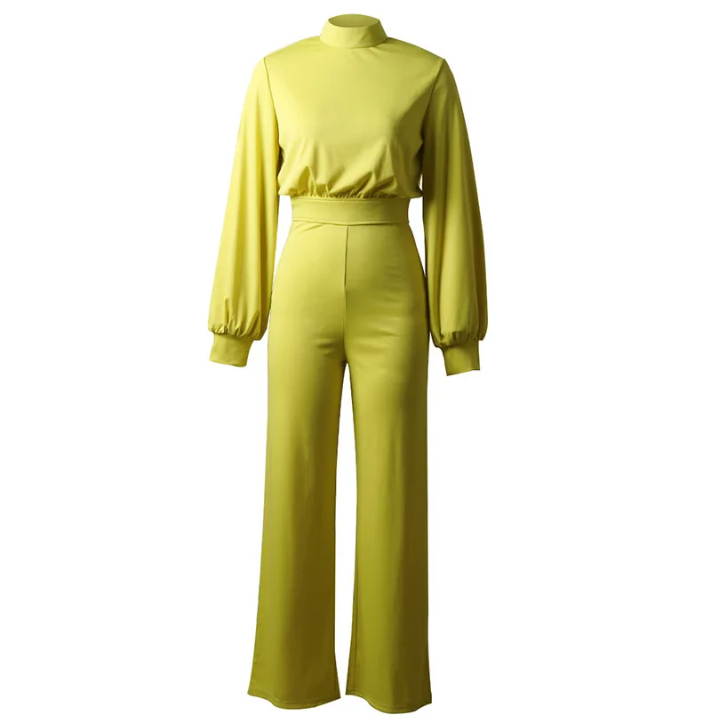 

Pure Color Turtleneck Long Sleeve Back Hollow One-Piece Suit Romper Fashion One-Piece Bib Overall Casual Puff Sleeve Women