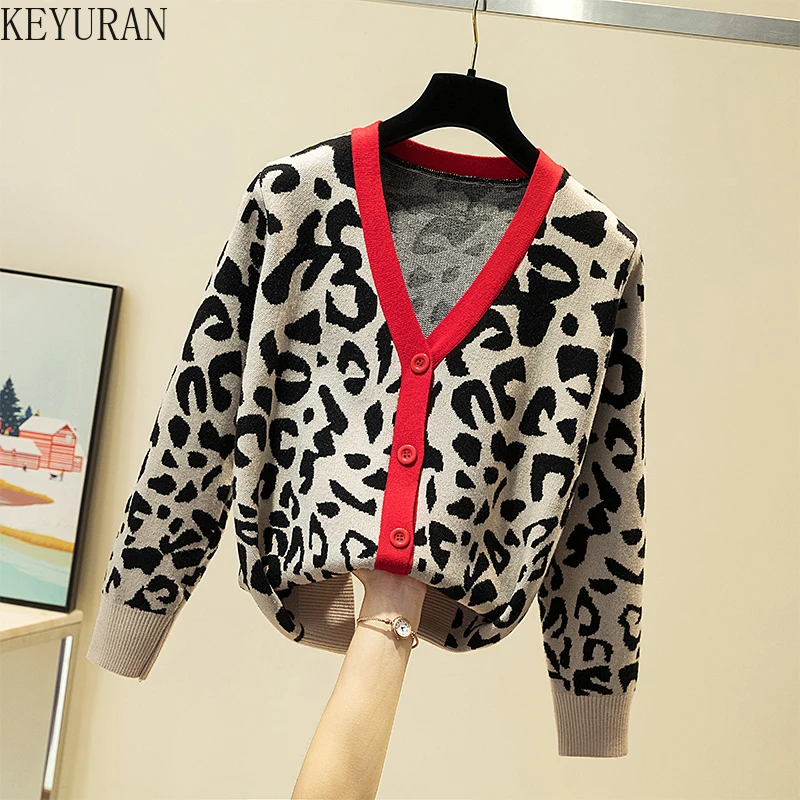 

2021 Autumn Winter Knitted Cardigans Women Leopard Sweater V-Neck Long Sleeve Jacquard Knitwear Cardigan Female Jacket