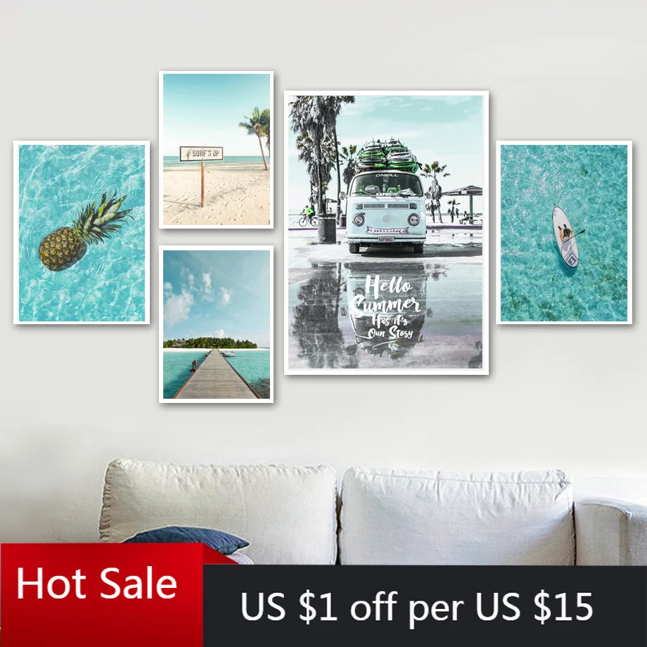 

Beach Surf Sea Car Coconut Tree Landscape Nordic Wall Art Canvas Painting Prints Wall Pictures For Posters Aesthetic Room Decor
