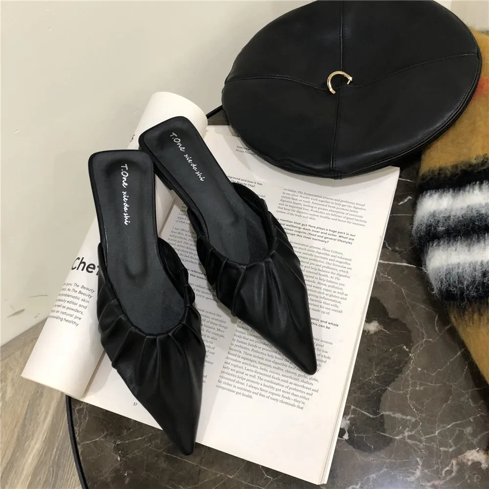 MOLAN Brand Designers 2020 Spring New Fashion Shallow Pleated Leather Point Shoes Flat Slippers Slip On Loafers Mules Flip Flops | Обувь
