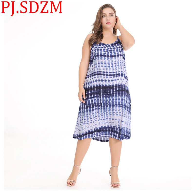 

Women New Summer Dress Blue Sleeveless Europe Plus Size Casual Tie-dyed Slip Dresses Knitted Casual Slash Neck Lady Clothing