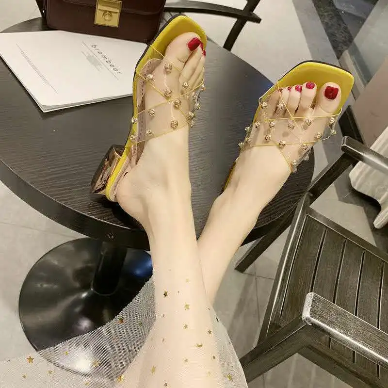

2020 New Transparent Slippers Slippers Female Outer Wear Fashion Chunky-Heel Low Heel Word Slippers Female