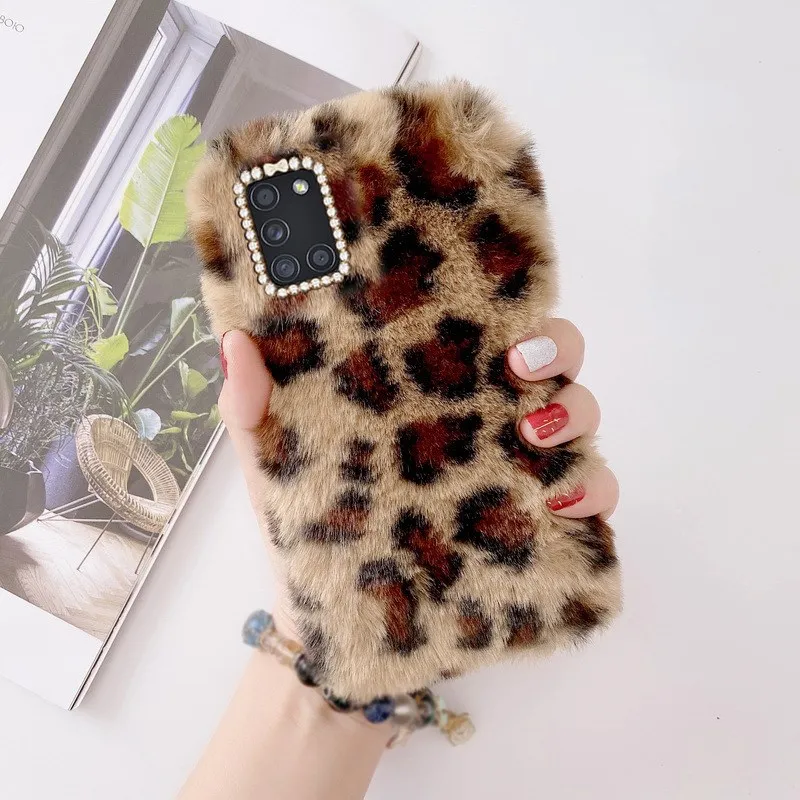 

For SamSung A51 Case fashion Leopard Rabbit fur Winter Keep Warm diamond TPU shockproof Back Cover For SamSung A51 A52 5G Cases