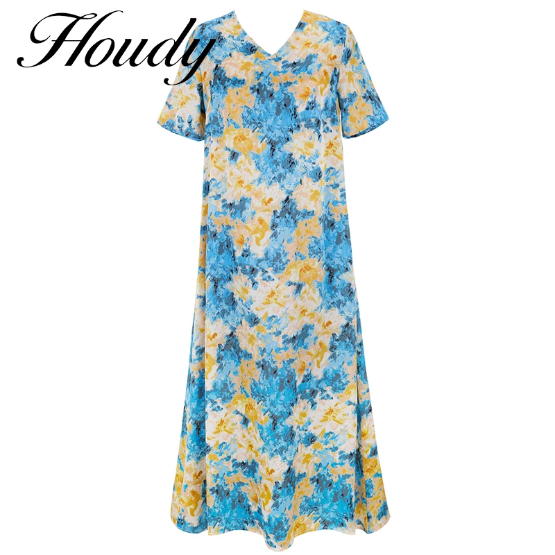 

Summer New Fashion Women's Half-Sleeved Round Neck Casual Knitted Stretch Loose Long Home Stitching Color Casual Women's