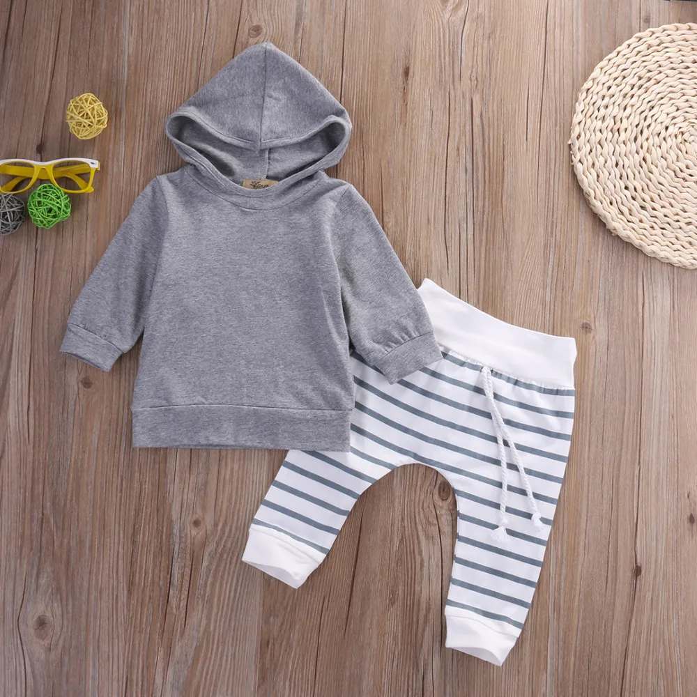 

0-18M Value Boutique 2PCS Toddler Kid Baby Boy Clothes Long Sleeve Solid Hooded sweaterTops Casual Stripe Pants Outfit