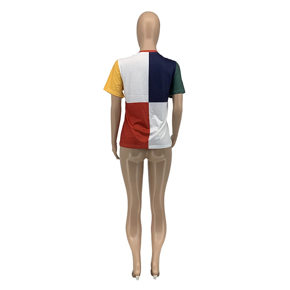 

Contrast Color Patchwork Harajuku Women T-shirt Streetwear Round Neck Short Sleeve Slim Tops Hip Hop Girls Basic Casual Tshirt