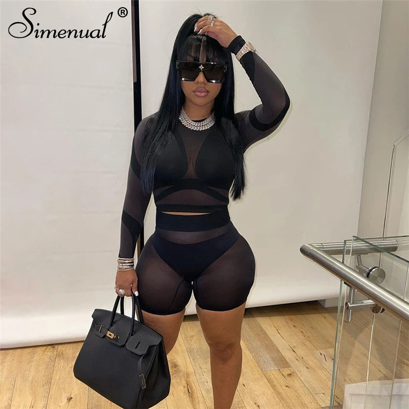 

Simenual Mesh See Through Black Matching Sets Long Sleeve Crop Top And Biker Shorts Women 2 Piece Outfits Skinny Tight Solid Set