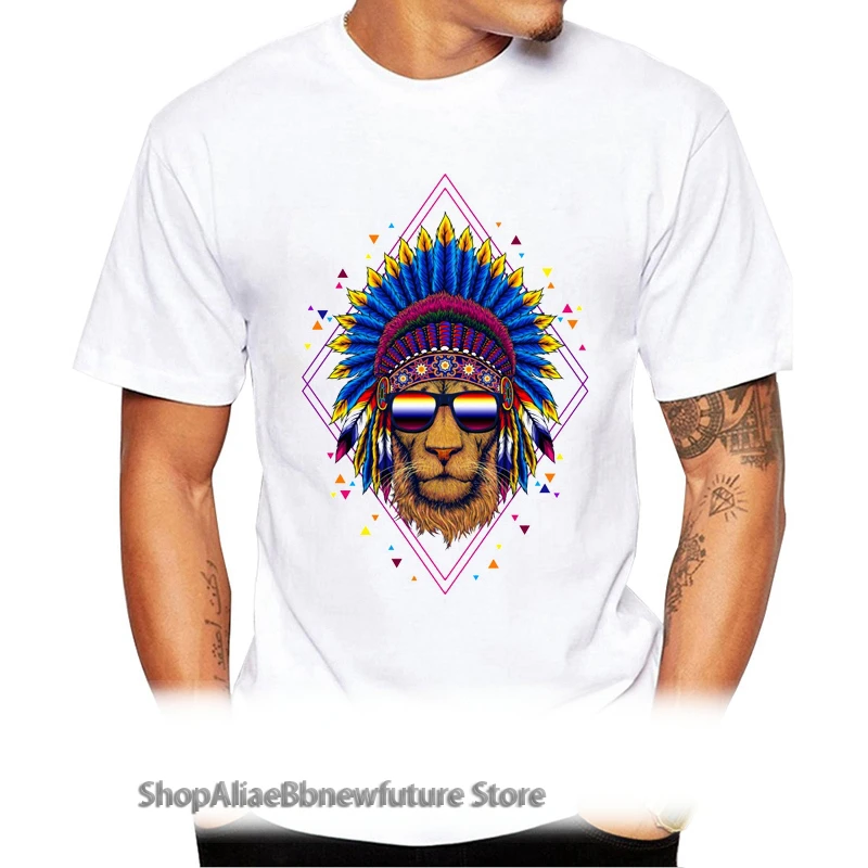 

TEEHUB Man T-shirt 2021 Cool Design Animal Men T shirt Geek Lion t shirt Indians Lion Printed Casual Tee