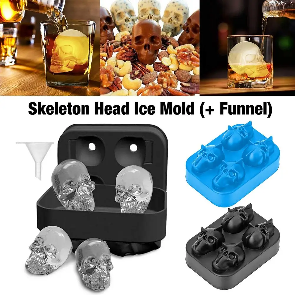 

NEW Kitchen 4 Cell 3D Skull Ice Grid Silicone Ice Mold Ice Lattice Ice Cube Moulds Skeleton Head Whiskey Wine Mould Tray