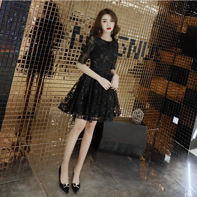 

Female Sexy Hollow Out Prom Dresses Black Exquisite Sequins Trim Evening Party Dress Elegant Half Sleeve Short Banquet Gown