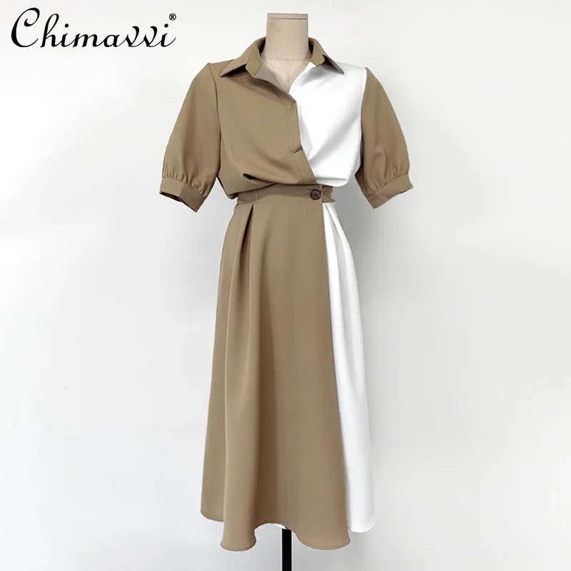 

Office Lady Fashion New High Wiast Slimming Elegant Color Contrast Lapel Short Sleeves Dress French Style Patchwork Dress