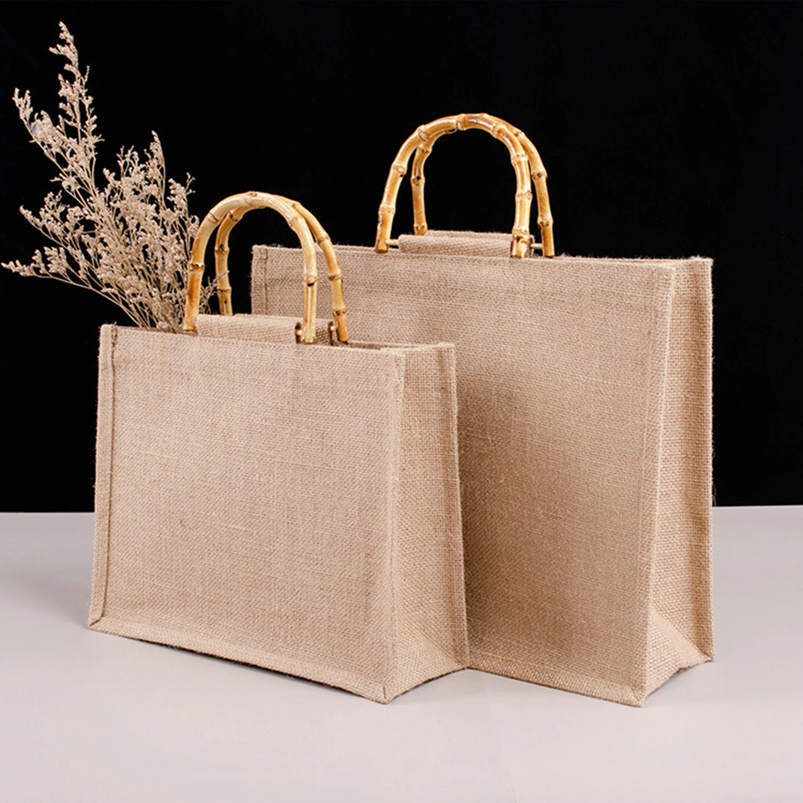 

Jute Bag with Composite PVC Film Lining Thick Bamboo Handle Portable Grocery Storage