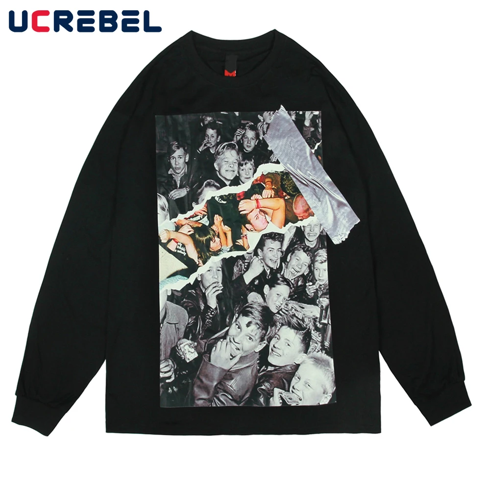 

Character Print Long Sleeve T-shirt Mens High Street Crew Neck Cotton Tee Loose Casual T Shirt Men