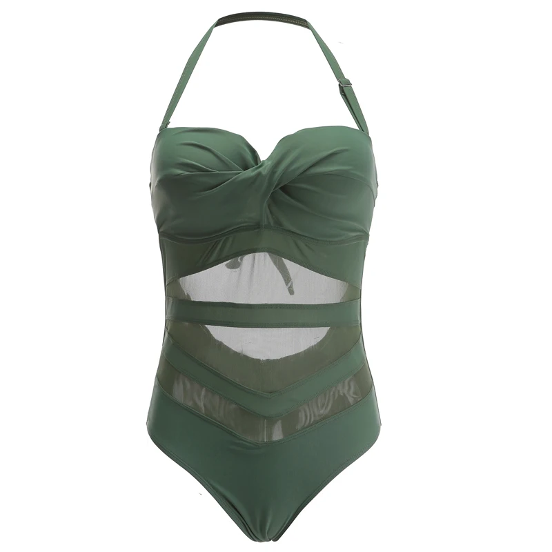 Army Green Riseado, женский купальник пуш-ап, Цельный купальник, Одноцветный, сексуальный, сетчатый, женский купальник, Холтер, скрученный, купальники, пляжная одежда - Цвет: Army Green