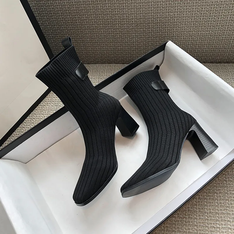 

2021 Female Autumn Square Toe Square Heel Calfskin Short Boots Knitted Fabric Pumps New High Heels Fashion Socks Boots new