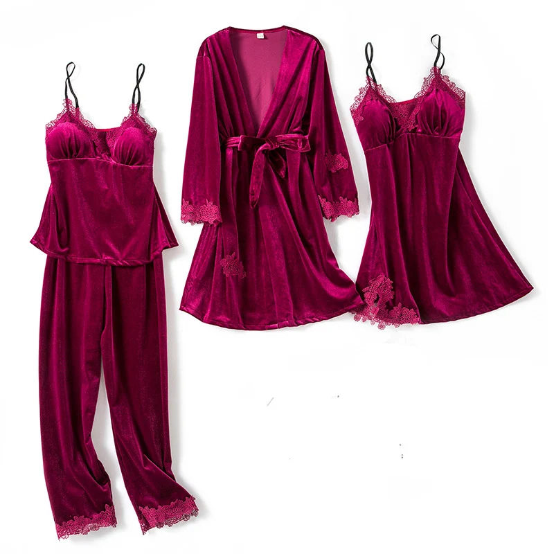 

Lady 4PCS Pajams Suit Velvet Home Clothing Sexy Loose Casual Pijamas Set Lace Sleepwear Softy Autumn Velour Long Nightwear