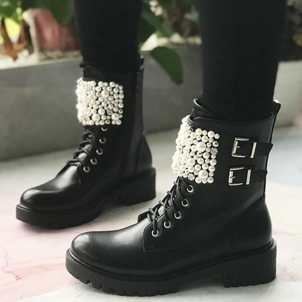 

BONJOMARISA Female Fashion Pearl shoes lace Round Toe Buckle Ankle Boots Punk Casual Boots Women Autumn Platform Shoes Woman