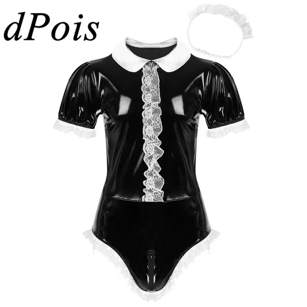 

2Pcs Mens Adults Wet Look Patent Leather Sissy Maid Cosplay Costume Short Puff Sleeves Hommes Gay Lace Tceddy Bodysuit Romper