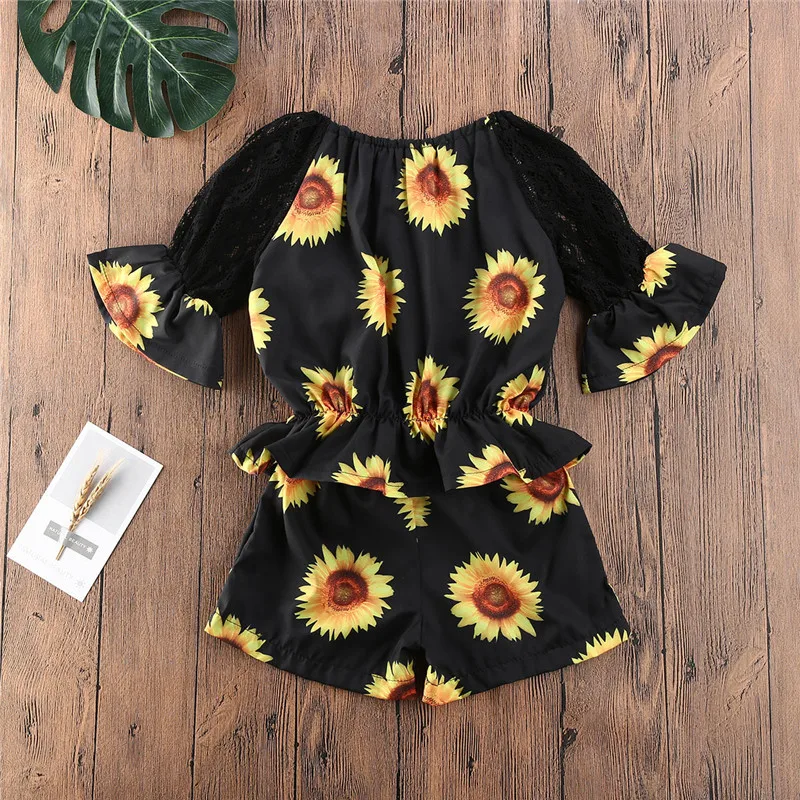 

PUDCOCO Summer Toddler Baby Girl Sunflower Clothes Tops Lace Hollow Sleeves T-shirt+Short Pants Outfit Set 2Pcs 6M-5Y
