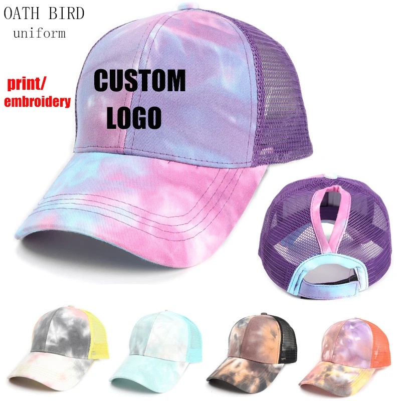 

2021 New Design Competitive Products Custom Beautiful Tie Dye Baseball Hats With Logo Bright Ponytail Baseball Cap For Women