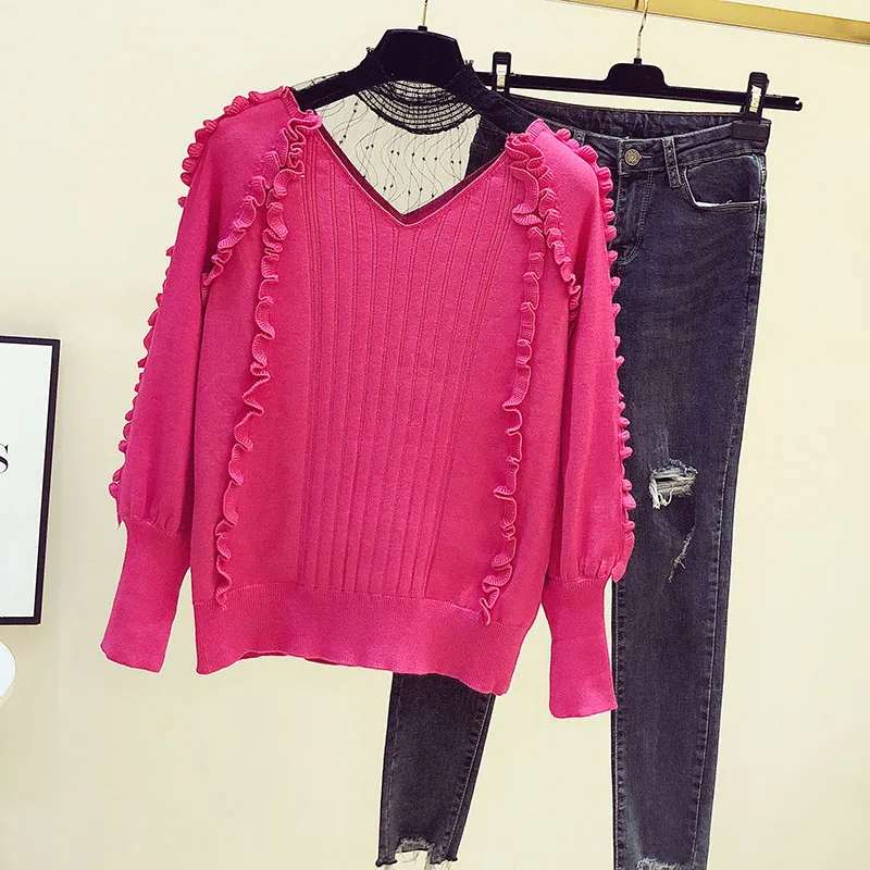 

2020 Winter Knitted Shirt Rose Color Stand Collar Lace Patched Fashion Ladies Daily Tops Stringy Selvedge Loose Sweater Women