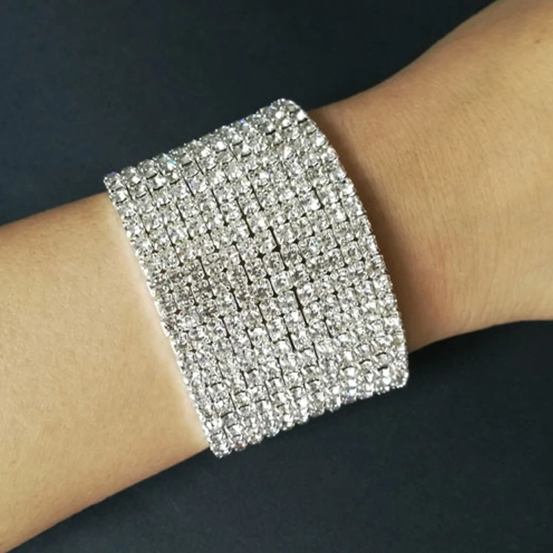 12 рядов Стразы свадебный браслет с кристаллами посеребренный и золотистый цвет