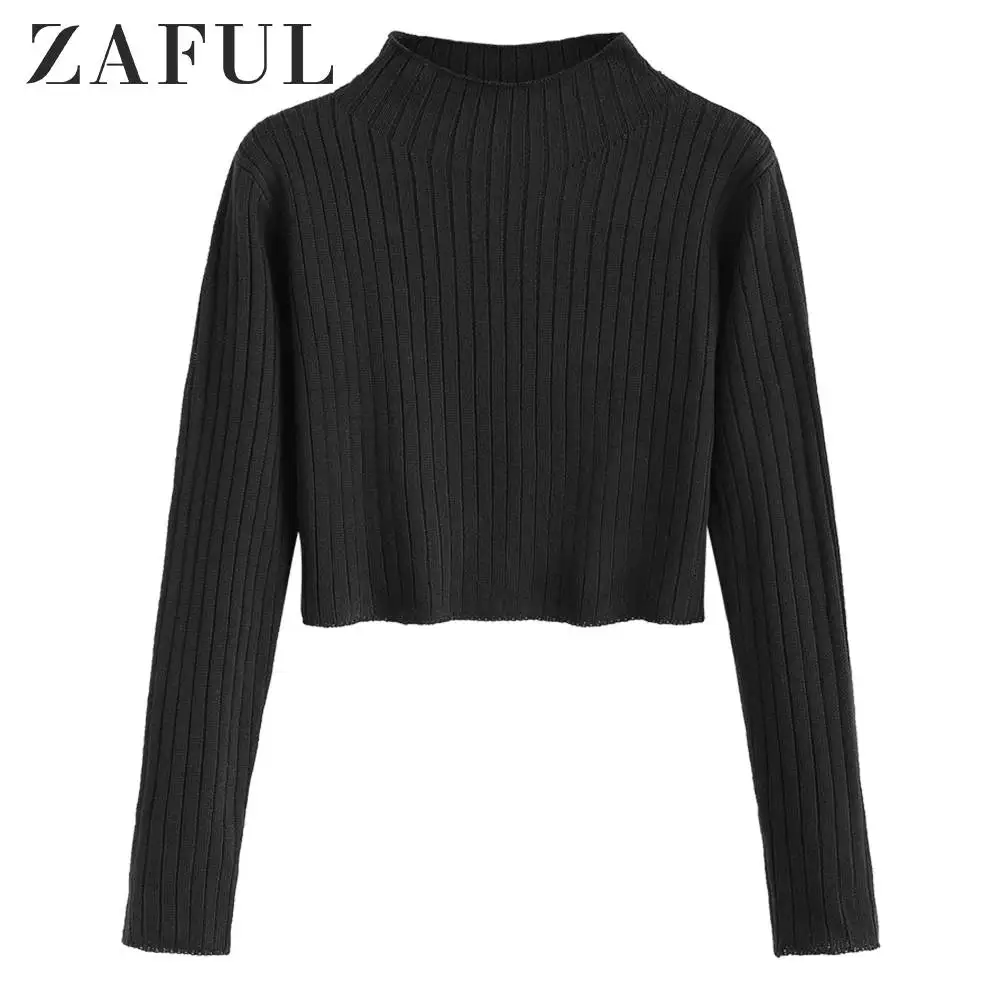 ZAFUL ребристый укороченный свитер с воротником и длинными рукавами Одноцветный