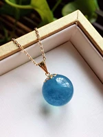 natural blue round aquamarine women men sphere pendant ball stone 16mm 18k gold aquamarine crystal necklace pendant aaaa