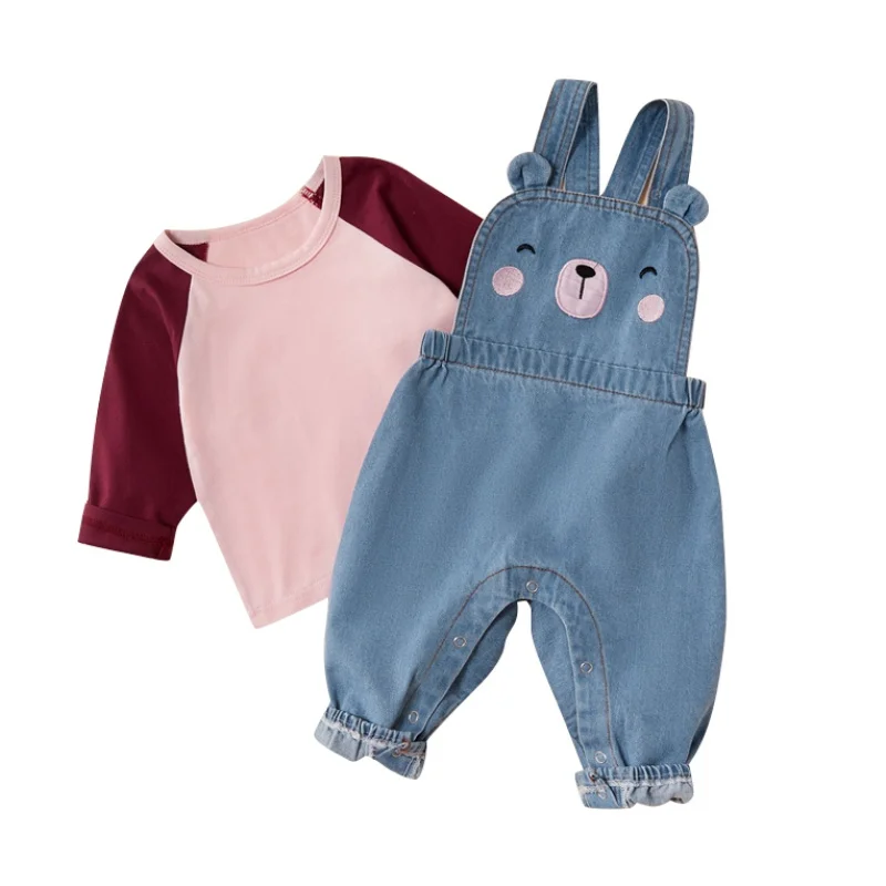 

2pcs Newborn Baby Girls Clothes Cotton Patchwork Long Sleeve T-shirt+Jumpsuit Suspender Pants Outfits Baby Clothes Set