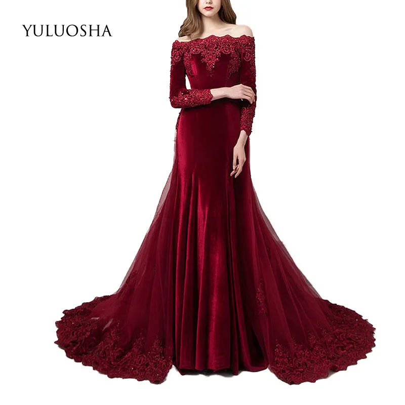 YULUOSHA сексуальное кружевное вечернее платье с вырезом лодочкой и длинным рукавом